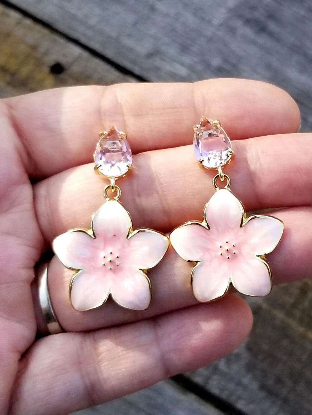 14k Gold Pink Tourmaline Floral Stud Earrings, Pink Flower Dangle Earrings